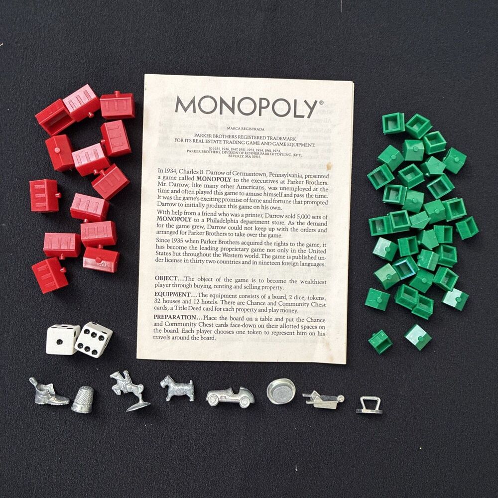 1973 Monopoly Game Replacement Parts Pieces Tokens Instructions Hotel House Dice